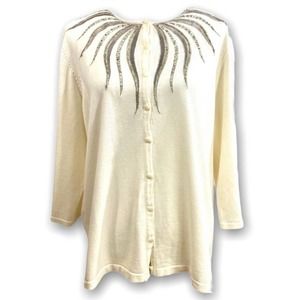 Bob Mackie Wearable Art Cream & Silver Sequin Button Up Crewneck Knit Cardigan